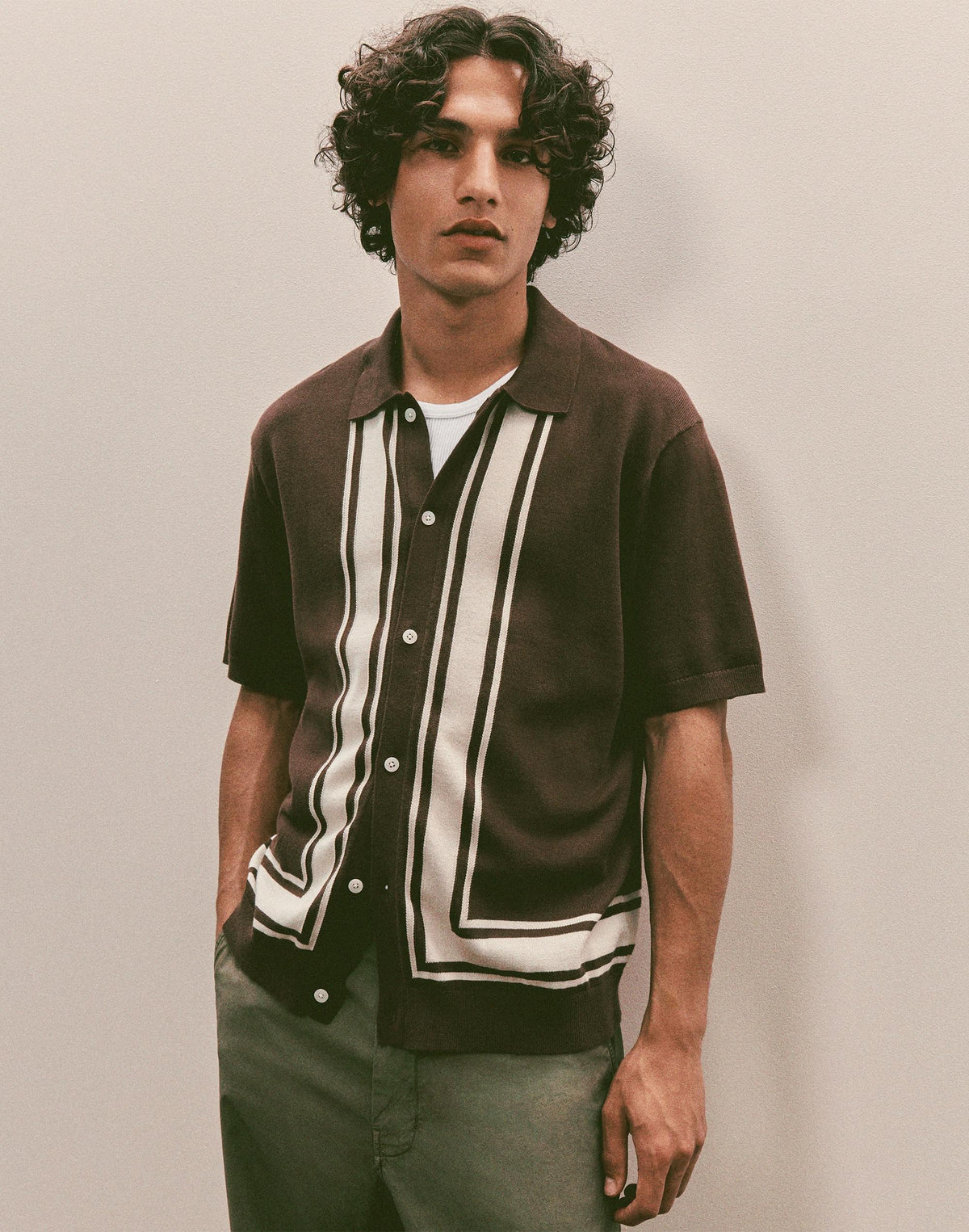 Knit Button-Up Shirt in Border Stripe