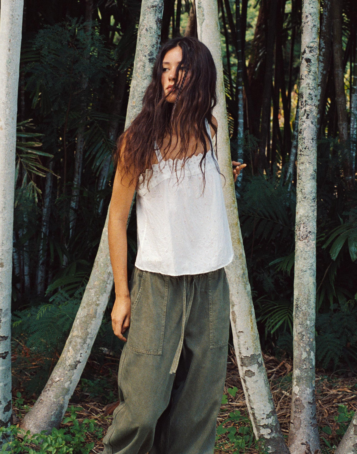Pull-On Barrel-Leg Utility Pants in Airy Denim