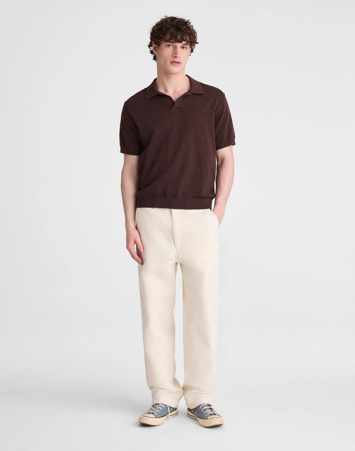 Johnny-Collar Sweater Polo in Slub Knit Cotton