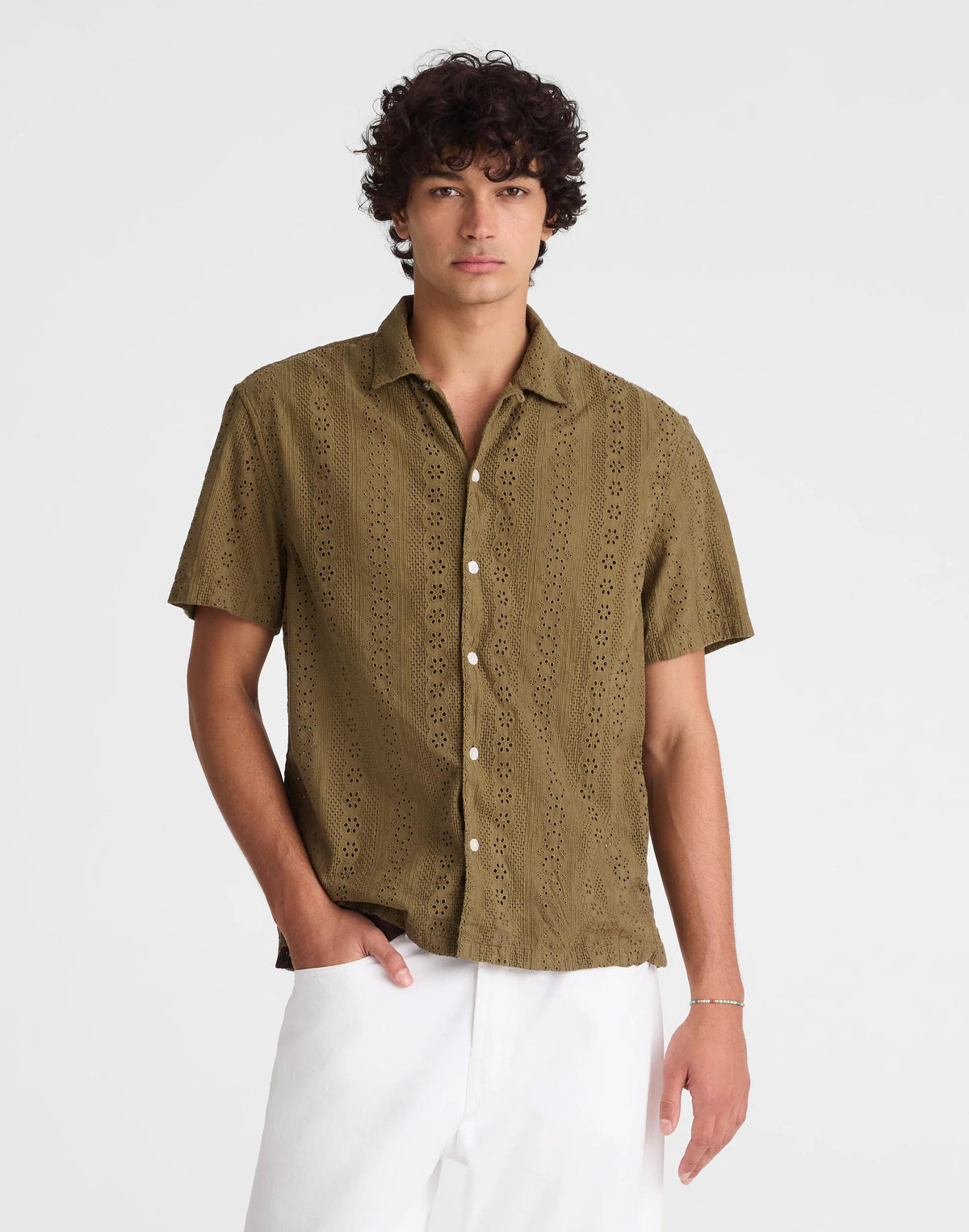 Camp-Collar Short-Sleeve Shirt in Embroidered Cotton