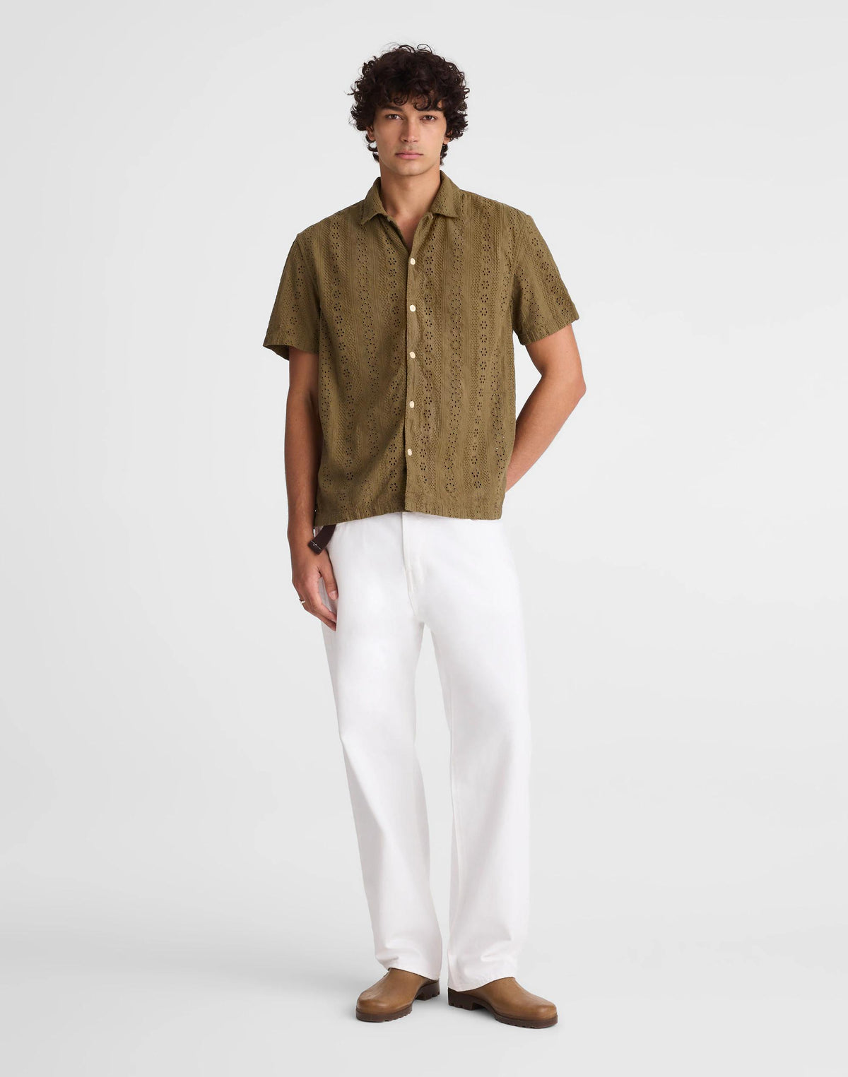 Camp-Collar Short-Sleeve Shirt in Embroidered Cotton
