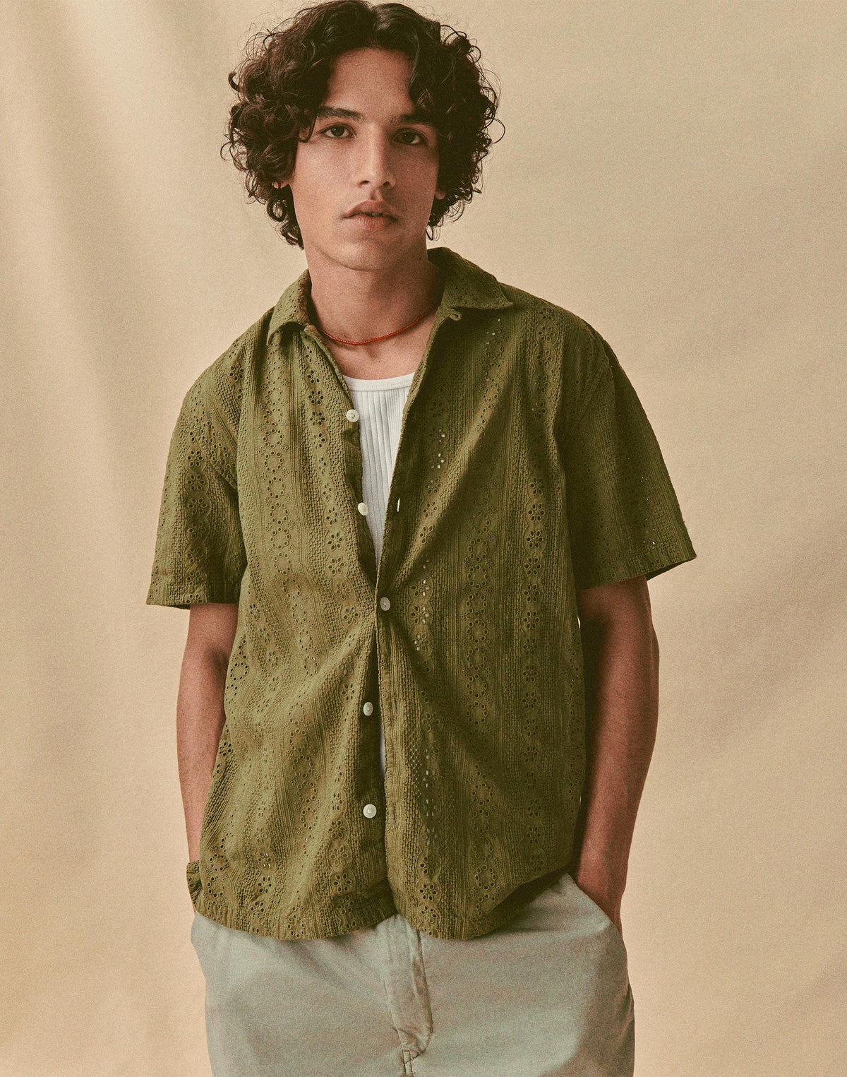 Camp-Collar Short-Sleeve Shirt in Embroidered Cotton