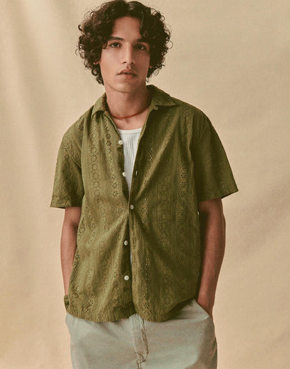 Camp-Collar Short-Sleeve Shirt in Embroidered Cotton