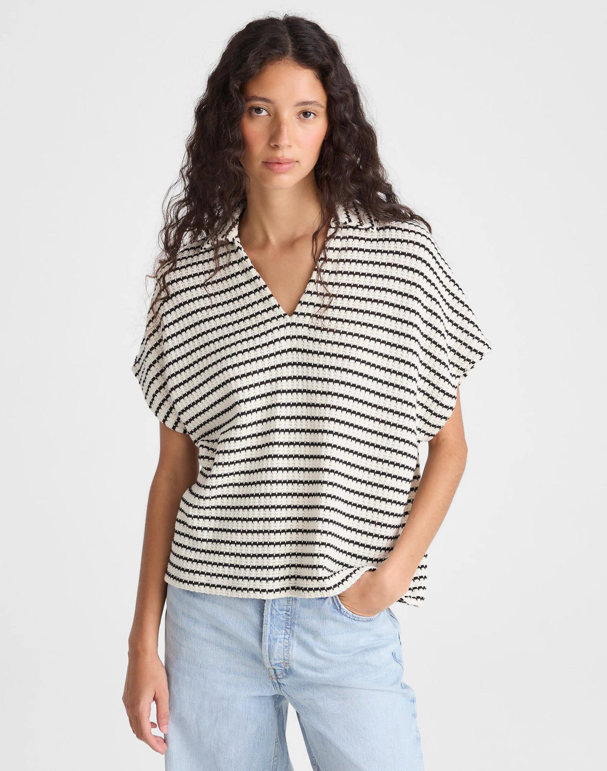 Textured-Knit Johnny-Collar Shirt