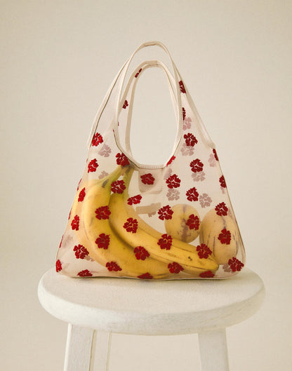 Floral-Embroidered Mini Shopper Bag