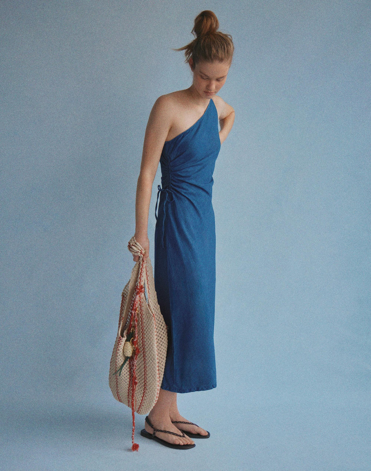 Denim One-Shoulder Maxi Dress