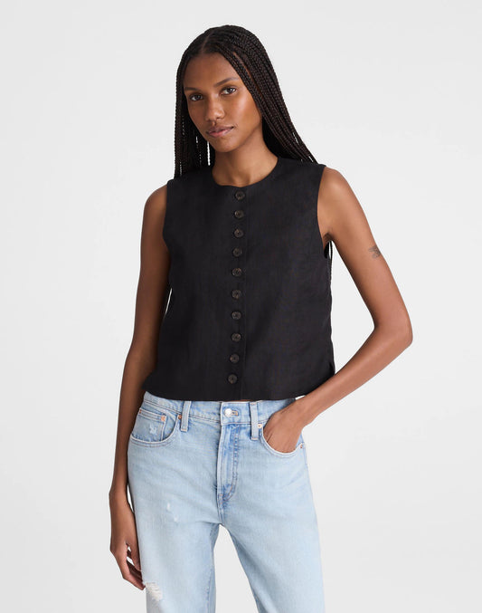 Button-Front Shell Top in 100% Linen
