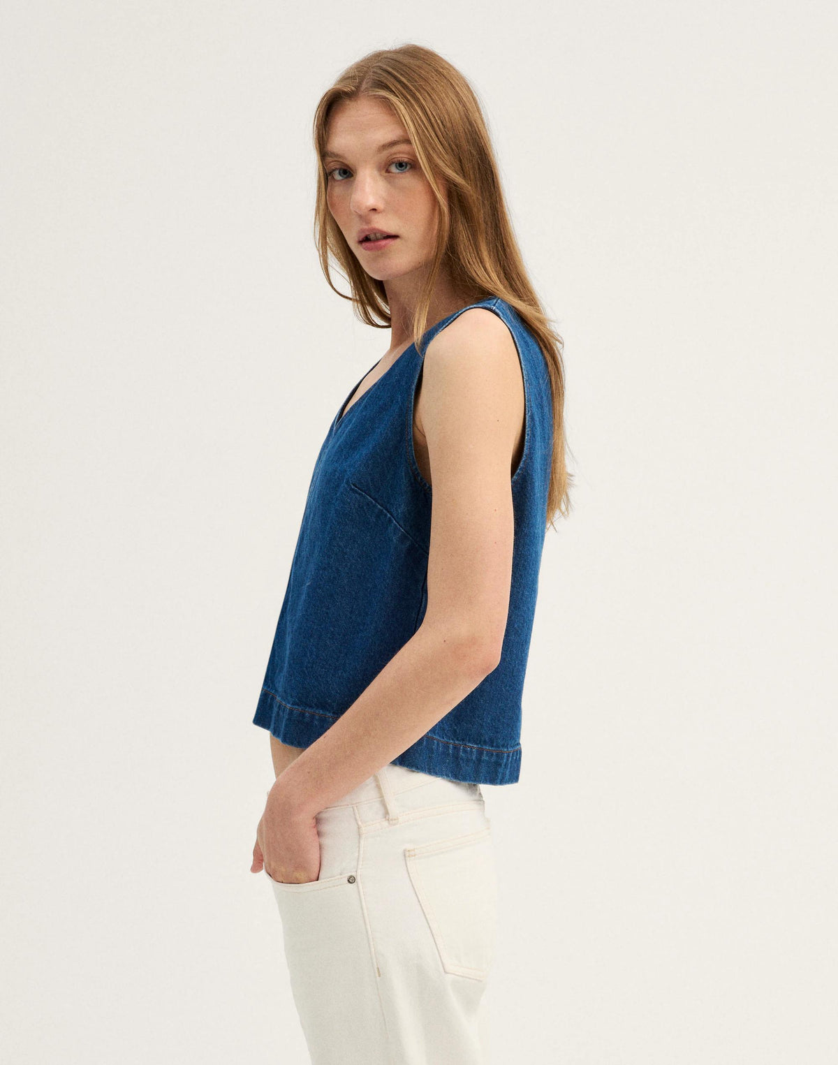 Denim V-Neck Shell Top