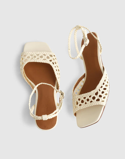 The Tyra Ankle-Strap Kitten-Heel Sandal in Woven Leather