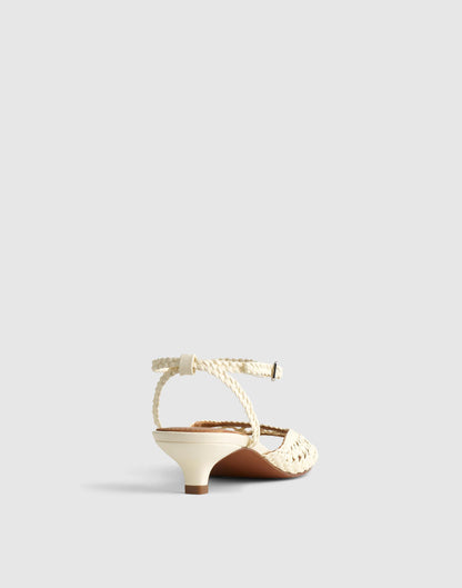 The Tyra Ankle-Strap Kitten-Heel Sandal in Woven Leather