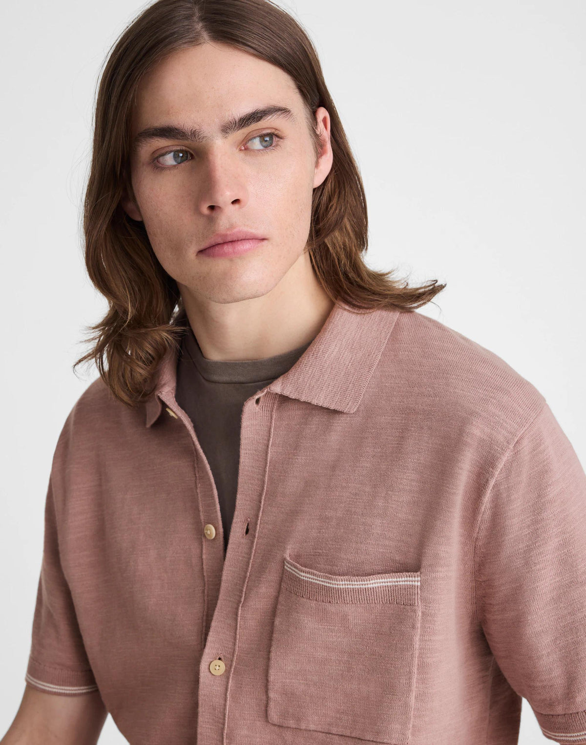 Tipped Knit Button-Up Shirt in Slub Knit Cotton