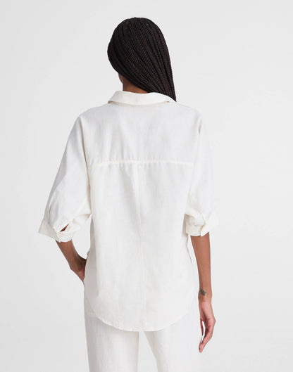 Relaxed Pleat-Sleeve Button-Up Shirt in Cotton-Linen Blend