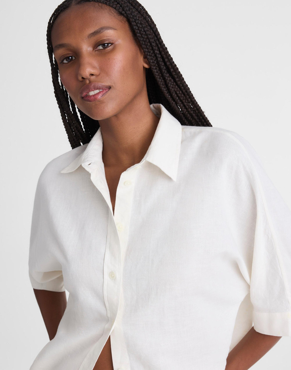 Relaxed Pleat-Sleeve Button-Up Shirt in Cotton-Linen Blend
