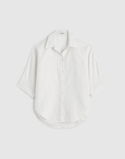 Relaxed Pleat-Sleeve Button-Up Shirt in Cotton-Linen Blend