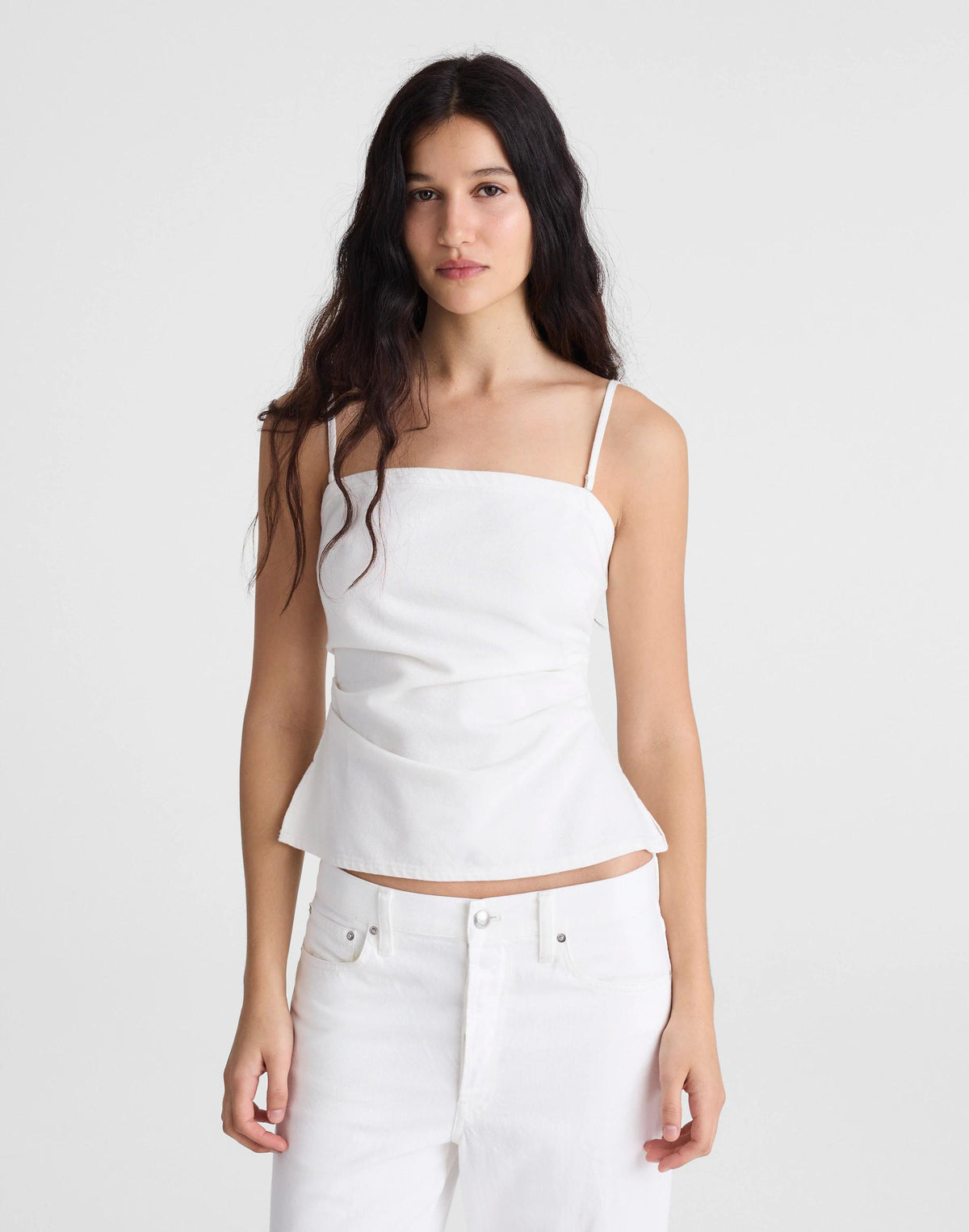 Airy Denim Ruched Squareneck Tank