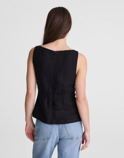 Cinched Boatneck Sleeveless Top in 100% Linen
