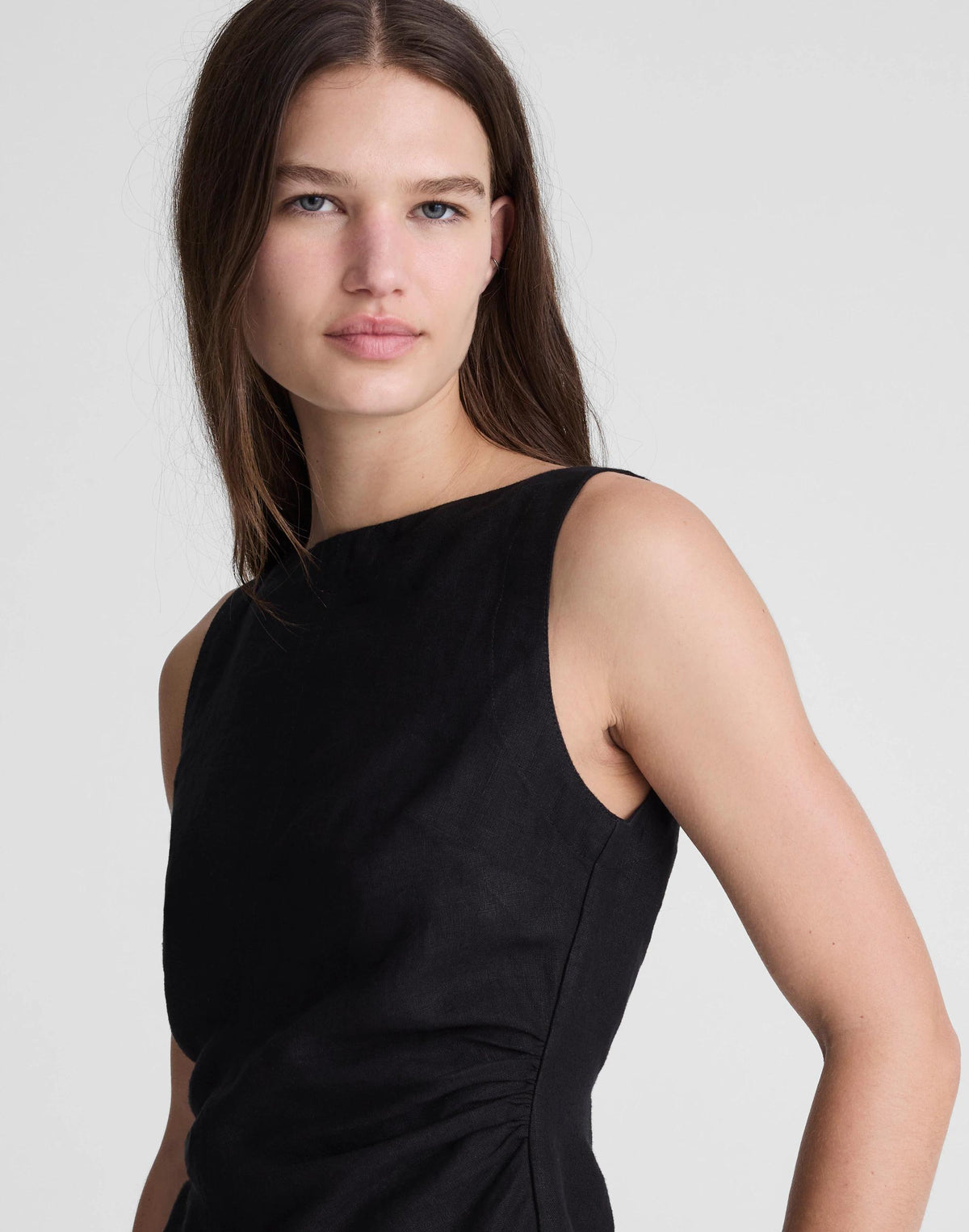 Cinched Boatneck Sleeveless Top in 100% Linen