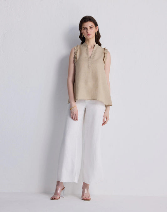 Reistor® Sleeveless 100% Hemp Top with Ruffles in Neutral Beige